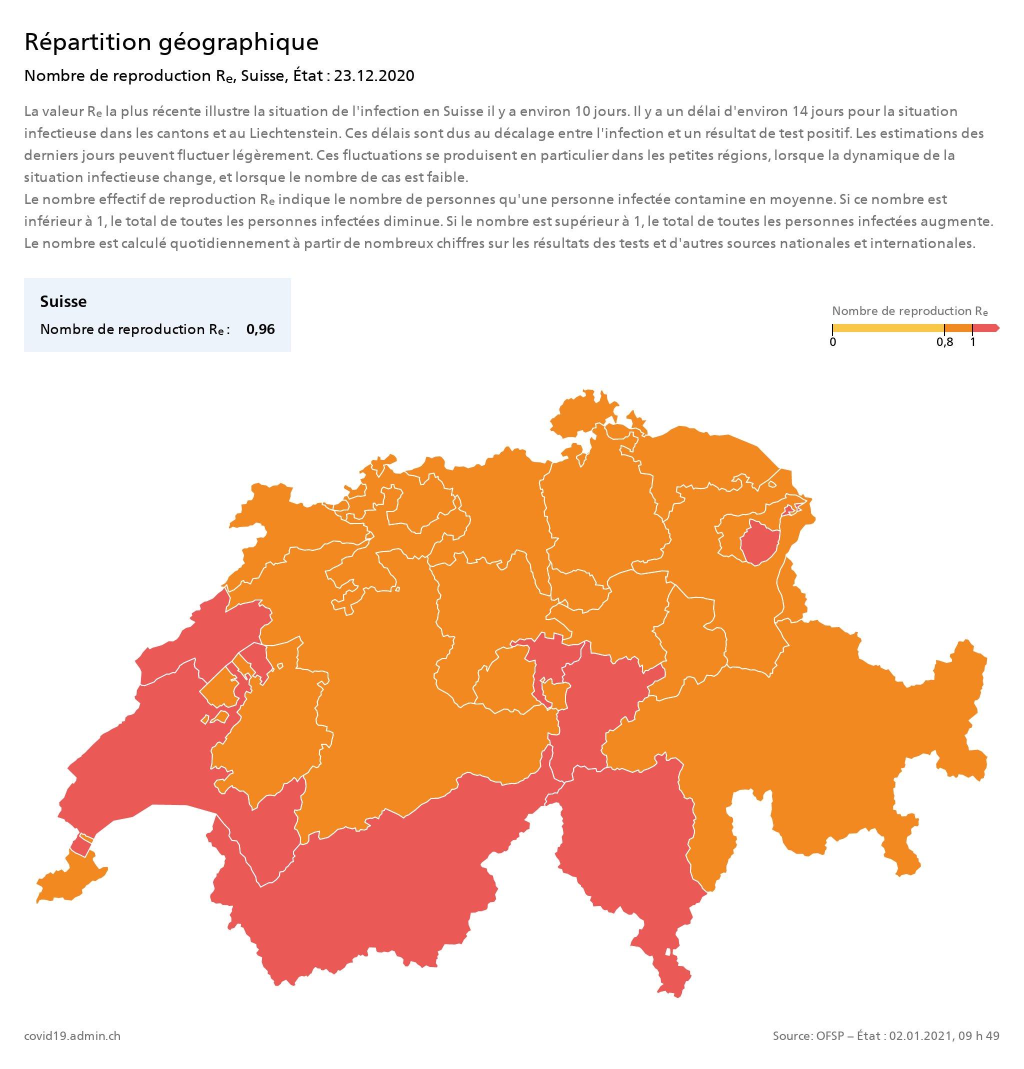 Répartition géographique – Nombre de reproduction Re, Suisse, état au 23 décembre 2020. [OFSP]