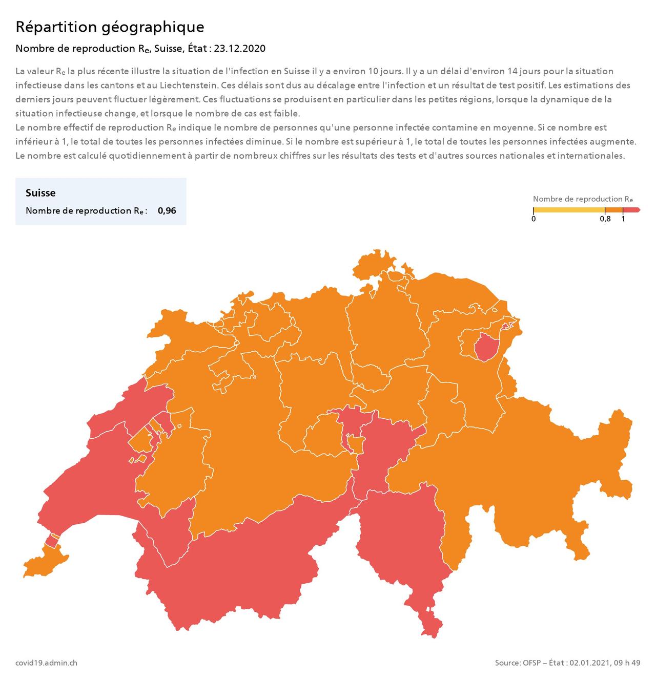 Répartition géographique – Nombre de reproduction Re, Suisse, état au 23 décembre 2020. [OFSP]