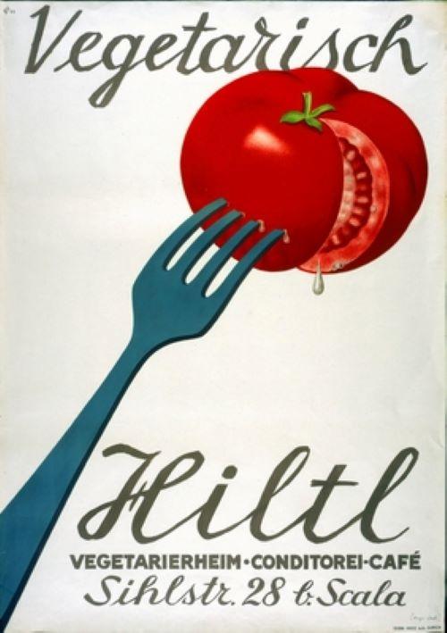 Une affiche du restaurant Hiltl de 1933. [Hiltl AG - Cabinet des estampes, BN,]