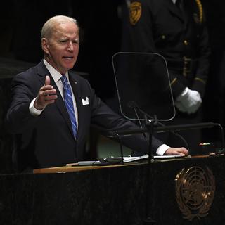 Le président américain Joe Biden lors de son allocution devant l'Assemblée générale des Nations Unies à New York le 21 septembre 2021. [Keystone - Timothy A. Clary/Pool Photo via AP]