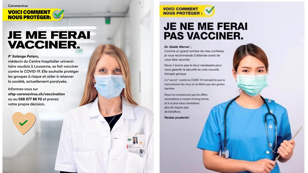 Photomontage: à gauche, l'affiche originale de campagne pour la vaccination de l'Office fédéral de la santé publique; à droite, la version détournée qui circule sur les réseaux sociaux. [OFSP/DR]