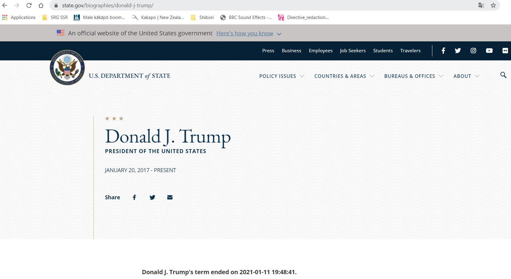"Le mandat de Donald J. Trump s'est terminé le 11 janvier 2021" a brièvement annoncé le site officiel de l'administration américaine, lundi soir. [state.gov - Capture d'écran]