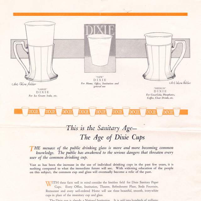 Une publicité de l'entreprise américaine Dixie Cups, première fabricante de gobelets en carton jetables, datant de 1919. [Lafayette College / Wikimedia Commons]