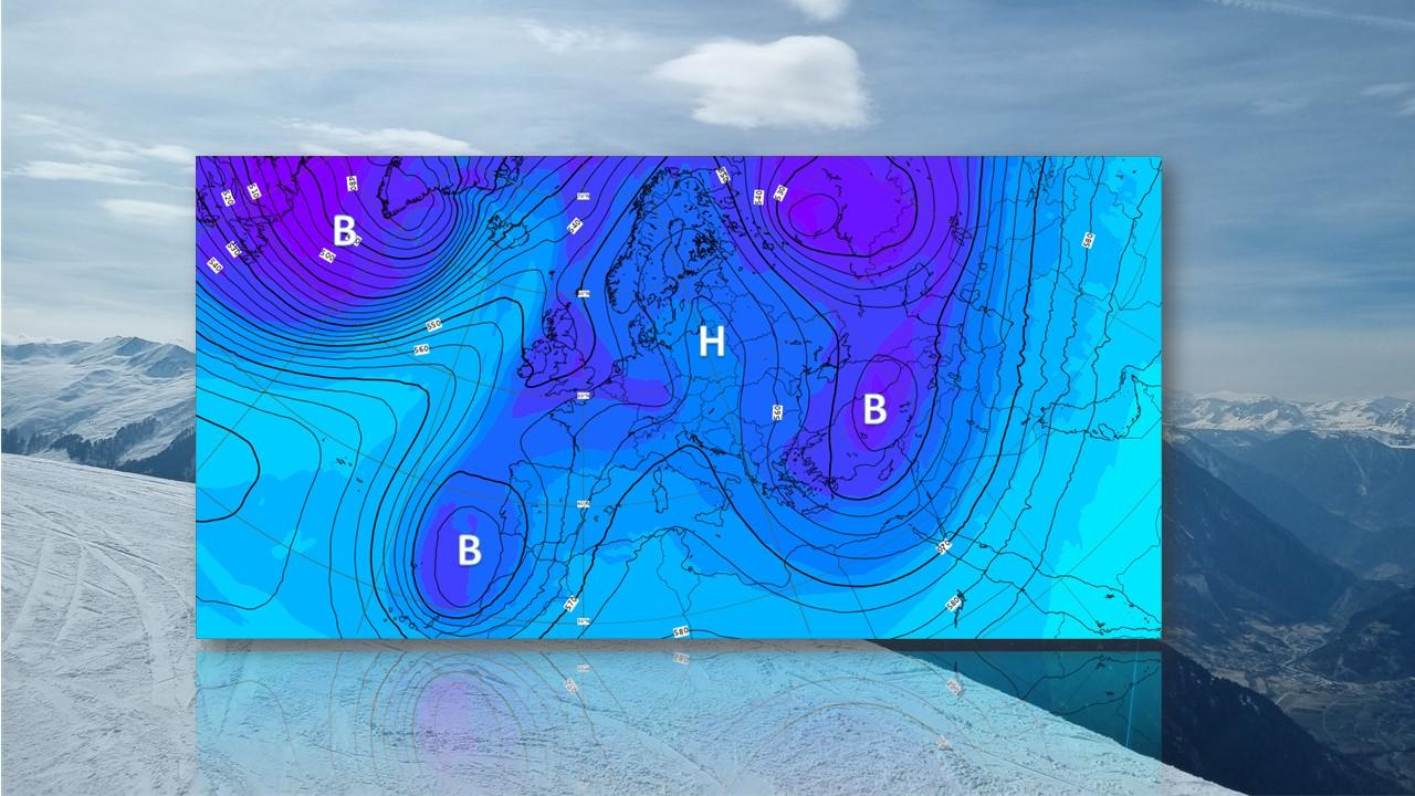 Répartition des hautes et des basses pressions et températures à 500 hPa (5500m) prévus par le modèle européen (ECMWF) le 14 mars 2022 [ECMWF/RTS - Anita Jaquet]