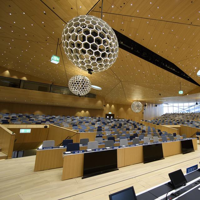 Salle de conférence de l'Organisation mondiale de la propriété intellectuelle à Genève. [Keystone - Martial Trezzini]