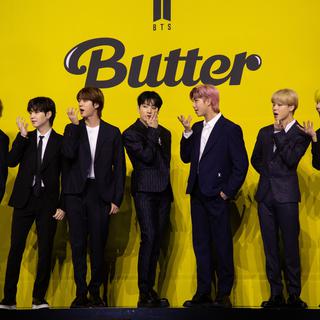 (de gauche à droite) V, Suga, Jin, Jung Kook, RM, Jimin et J-hope, membres du boys band sud-coréen Bangtan Boys (BTS), le 21 mai 2021. [EPA/KEYSTONE - Jeon Heon-Kyun]