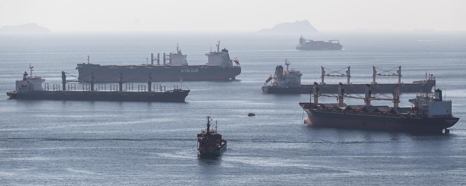 Des bateaux cargos transportant des céréales ukrainiennes, en attente d'inspection dans la mer de Marmara, le 22 juillet 2022. [EPA/Keystone - Erdem Sahin]