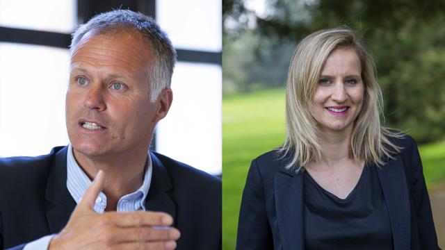Xavier Magnin et Delphine Bachmann sont les deux candidatsdu Centre à l'élection au Conseil d'Etat genevois en 2023. [Keystone - Salvatore Di Nolfi]