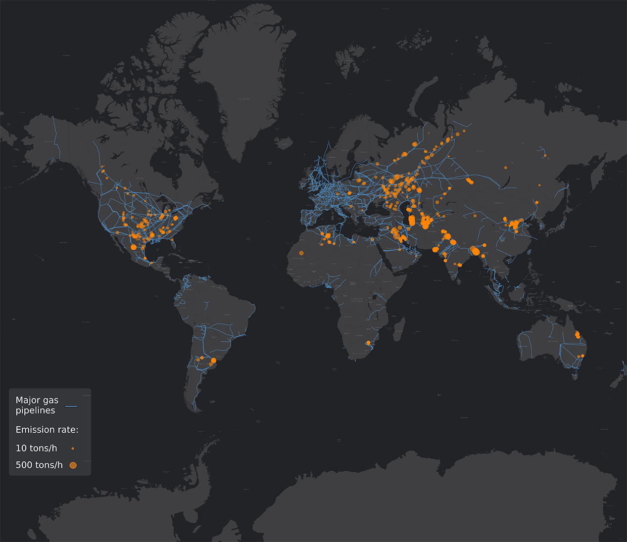 Carte montrant la localisation des principaux gazoducs et les principales sources d'émission de méthane liées à l'industrie pétrolière et gazière. [CNRS, OpenStreetMap contributors, and the GIS User Community - Kayrros Inc., Esri, HERE, Garmin, FAO, NOAA, USGS]