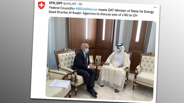 Ueli Maurer a rencontré, le 22 mars 2022, le ministre de l'Energie du Qatar. [Twitter - DFF]