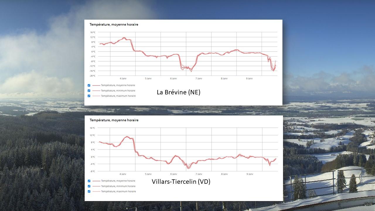 Comparaison des températures entre la Brévine (NE) et Villars-Tiercelin (VD) entre le 4 et le 10 janvier 2022 [Météosuisse - Roundshot.com]