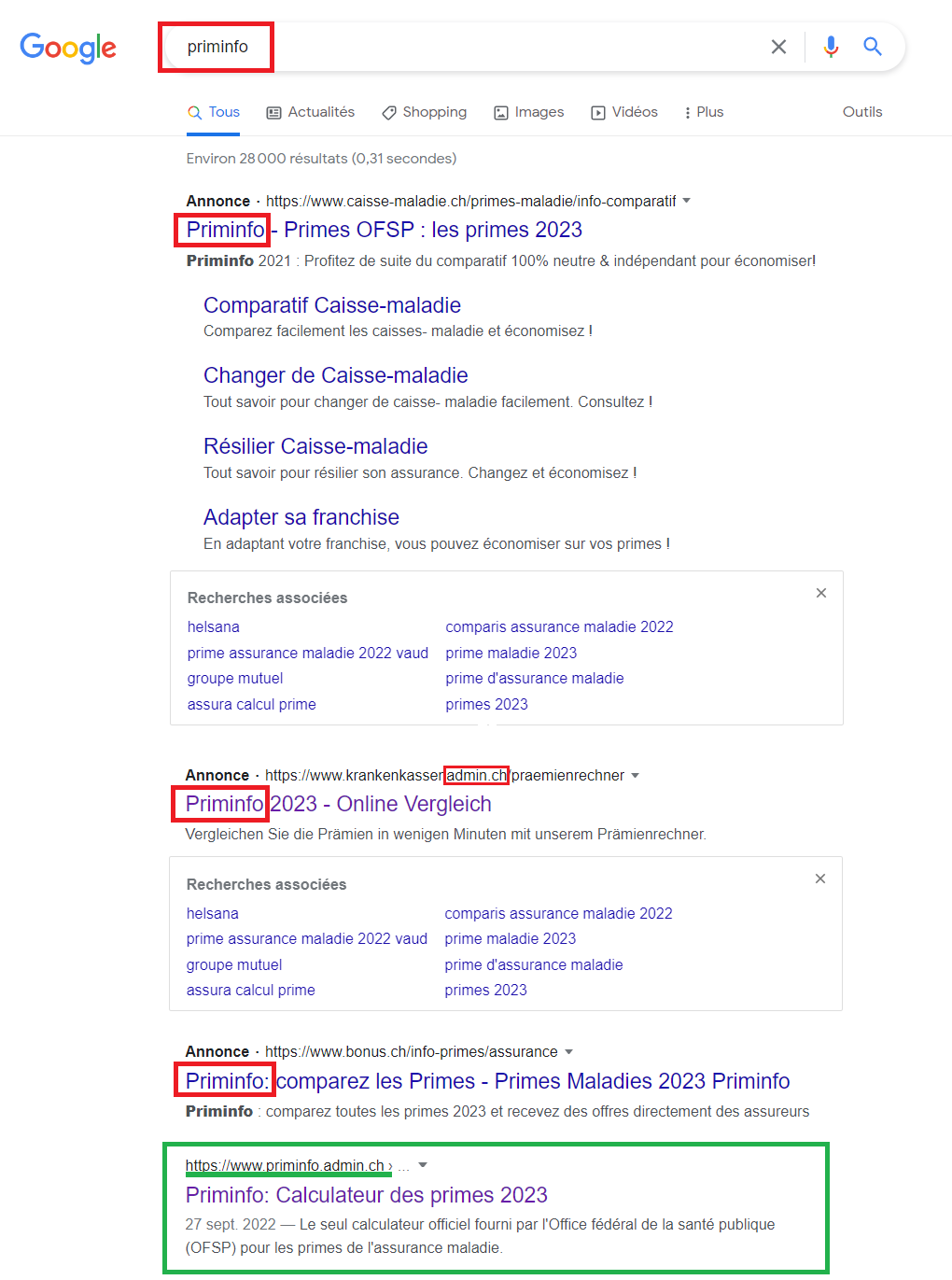 Trois comparateurs commerciaux qui utilisent le nom de "Priminfo" apparaissent devant le comparateur neutre de la Confédération. [DR - Google]