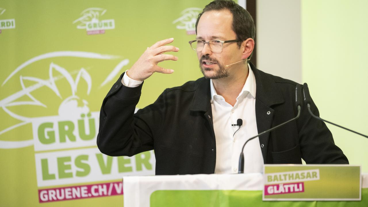 Balthasar Glättli devant l'assemblée des Verts à Winterthour, 22.10.2022. [Keystone - Ennio Leanza]