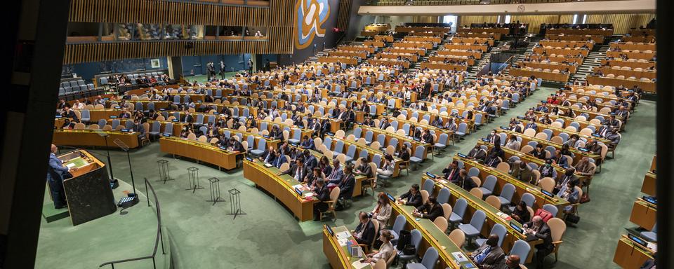 Vue sur l'Assemblée générale de l'ONU décidant de l'élection de cinq membres non-permanents du Conseil de Sécurité pour 2023-2024. [Keystone - Alessandro della Valle]