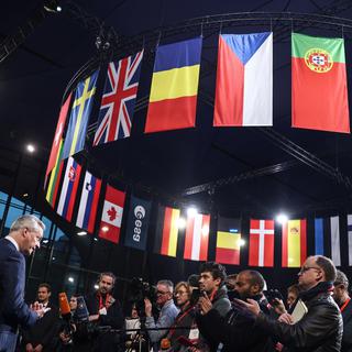 Le ministre des finances Bruno Le Maire (tout à gauche) juste avant l'ouverture de l'assemblée ministérielle de l'Agence spatiale européenne (ESA). Paris, le 22 novembre 2022. [Keystone/EPA - Mohammed Badra]