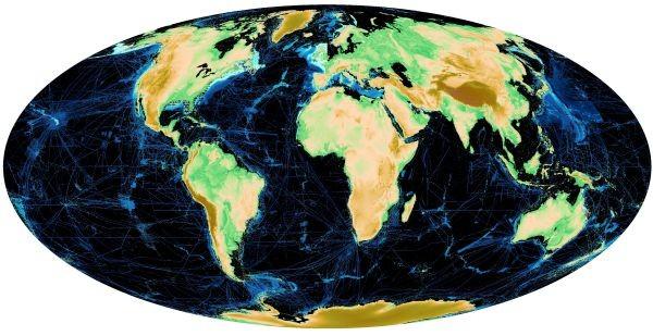 On estime que 20,6 % du plancher océanique a été cartographié en 2021. Dans cette image, les zones bleues sont basées sur des données mesurées et les zones en noir sont basées sur une interpolation. [seabed2030.org - British Oceanographic Data Centre (BODC)]