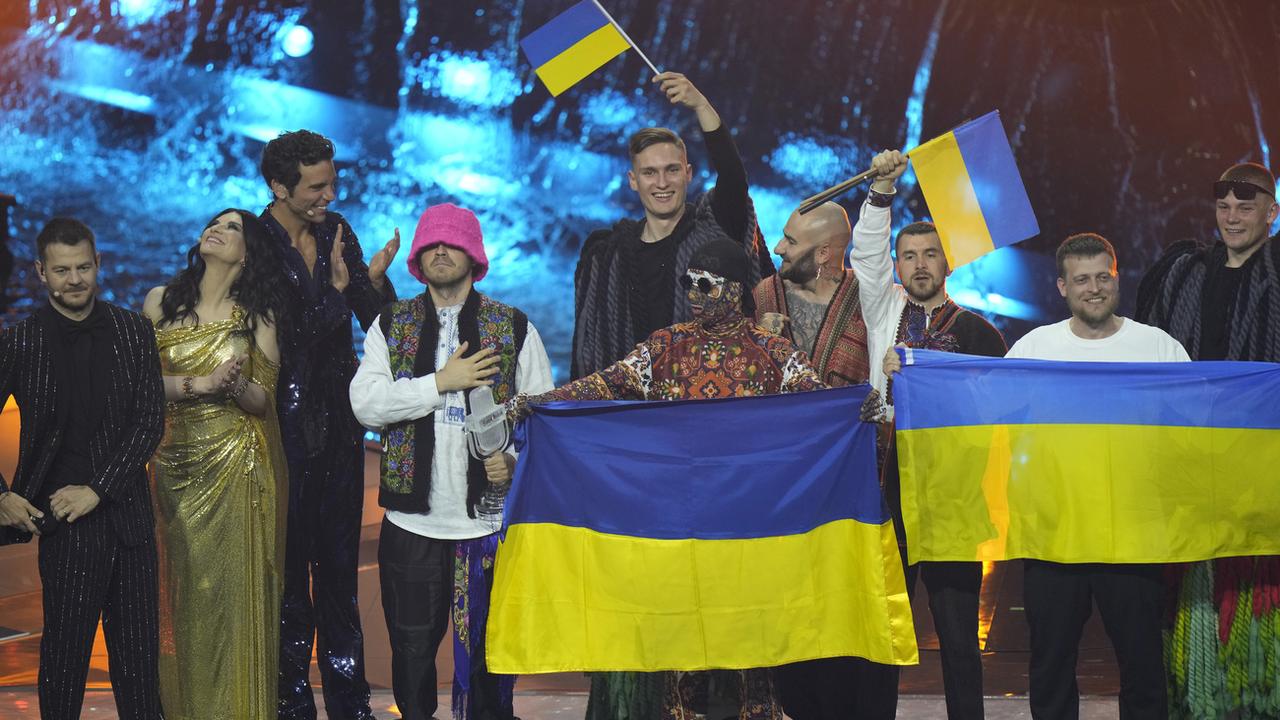 Le Kalush Orchestra ukrainien lors de la finale de l'Eurovision à Turin, 14.05.2022. [Keystone/AP - Luca Bruno]