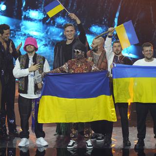 Le Kalush Orchestra ukrainien lors de la finale de l'Eurovision à Turin, 14.05.2022. [Keystone/AP - Luca Bruno]