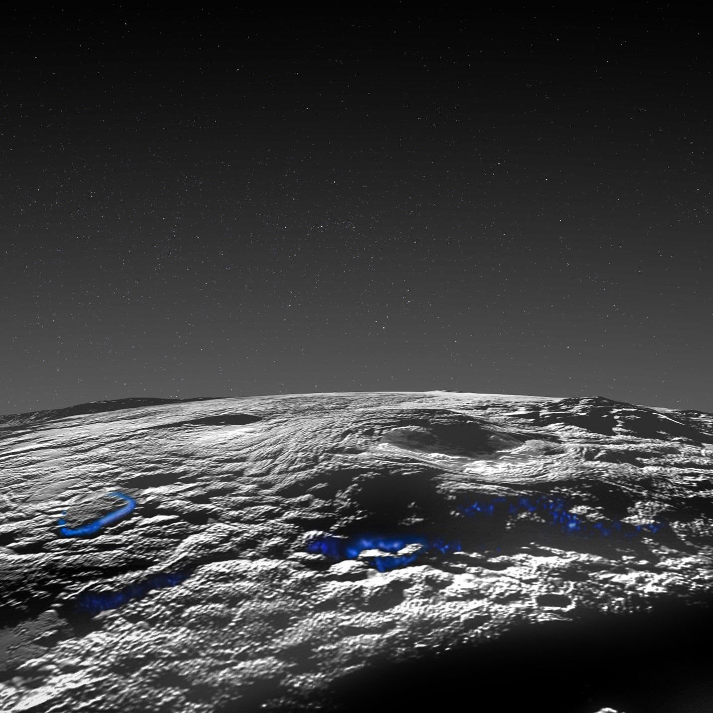 Sputnik Planitia, la région étudiée, se trouve au sud-ouest du "cœur" de Pluton. Elle contient plusieurs grands dômes et des élévations pouvant atteindre 7 kilomètres de haut et 30 à 100 kilomètres de large, avec des collines, des monticules et des dépressions interconnectées couvrant les côtés et les sommets de la plupart des grandes structures. En bleu, les processus volcaniques. [NASA/Johns Hopkins University Applied Physics Laboratory - Southwest Research Institute]