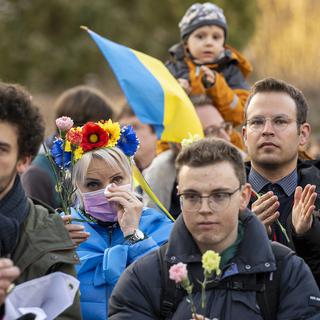Manifestation contre l'invasion russe de l'Ukraine à Berne le 23 février 2022. [Keystone - Marcel Bieri]
