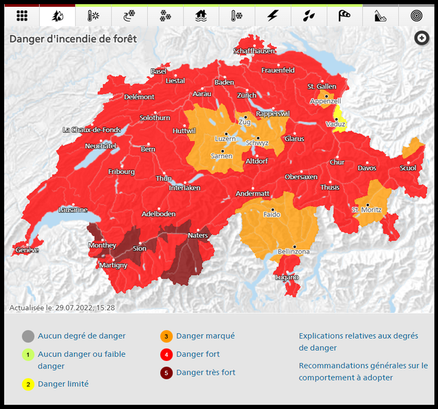 La carte de dangers incendies de MeteoSuisse.