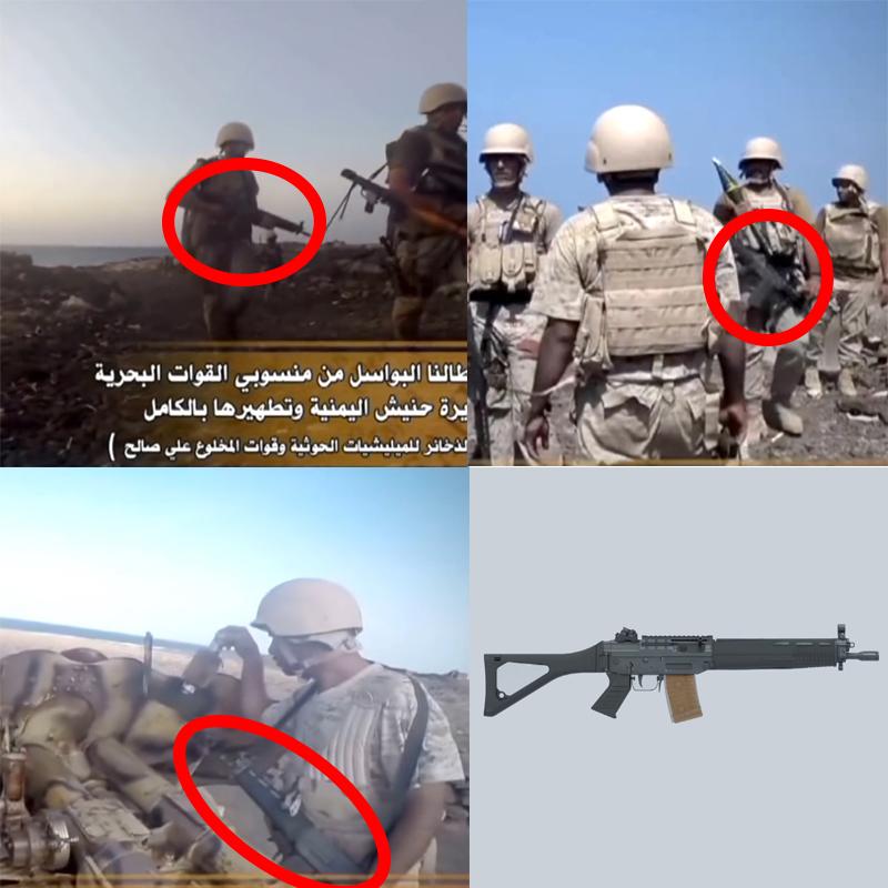 Les fusils d’assaut de ces soldats saoudiens au Yémen présentent les signes distinctifs du Sig Sauer 551. [DR]