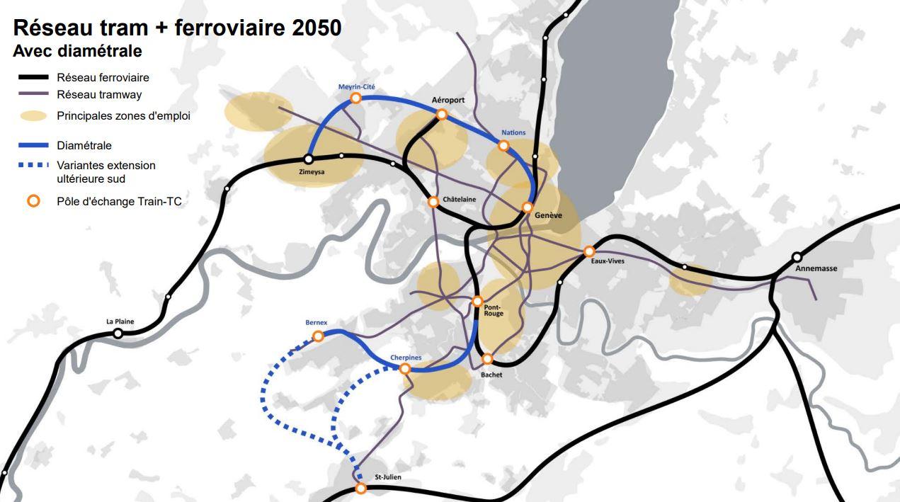 Une vue d'ensemble du projet du Conseil d'Etat genevois de développement du réseau ferroviaire local et régional. [Canton de Genève]