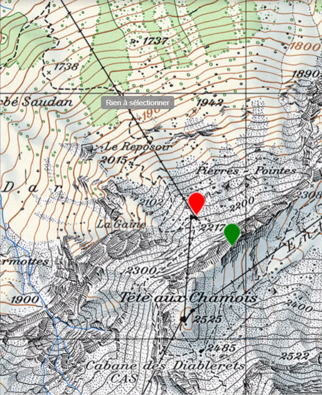 En rouge: l'ancien départ de la piste noire Pierre Pointes sur la carte de 1997. En vert: l'emplacement du nouveau tunnel qui franchit la falaise. [Swisstopo/DR - RTS]
