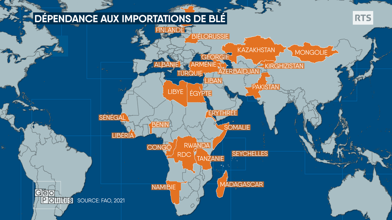 Pays qui importent plus de la moitié de leur blé de Russie et/ou d'Ukraine. [RTS - Géopolitis]