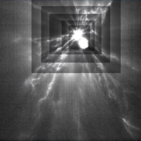 Le contraste a été augmenté dans les différents rectangles afin de mieux percevoir l'impact de DART sur Dimorphos. [NASA/ISA]