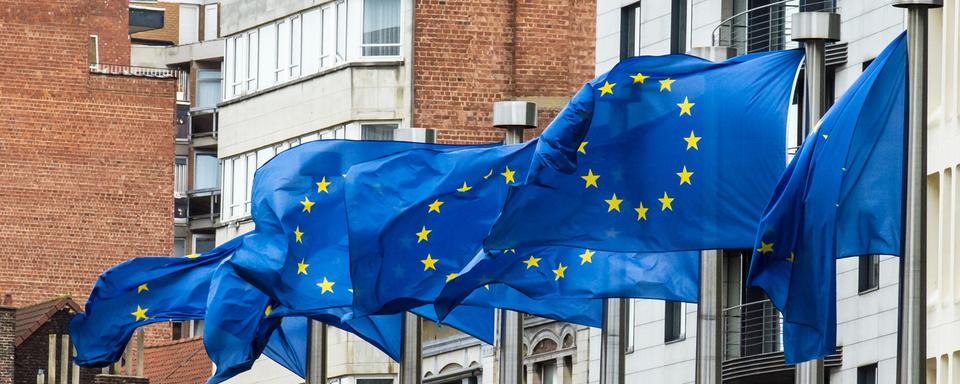 Des drapeaux européens au siège de la Commission européenne à Bruxelles. [Keystone/AP Photo - Geert Vanden Wijngaert]