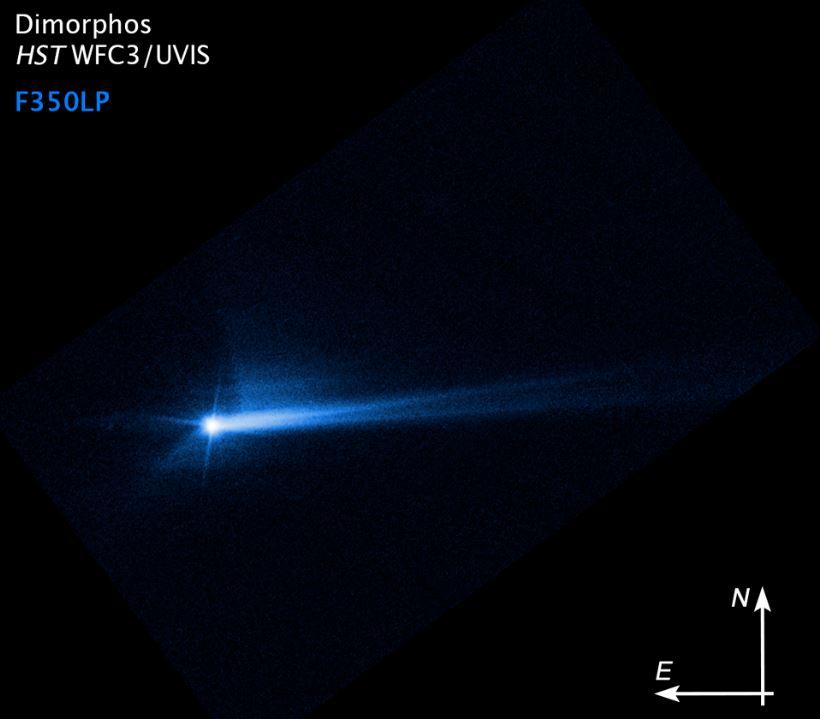 Cette image prise par le télescope spatial Hubble de la NASA, le 8 octobre 2022, montre les débris qui se sont détachés de la surface de Dimorphos 285 heures après l'impact intentionnel par le vaisseau spatial DART, le 26 septembre. La forme de cette traîne a changé au fil du temps. Les scientifiques continuent d'étudier ce matériau et la façon dont il se déplace dans l'espace, afin de mieux comprendre l'astéroïde. [NASA/ESA - STScI/Hubble]