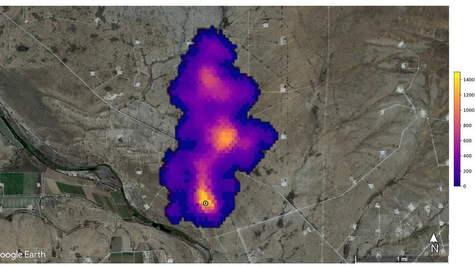 Cette image montre un panache de méthane de 3 kilomètres de long que la NASA a détecté au sud-est de Carlsbad, au Nouveau-Mexique. [NASA/JPL-Caltech]