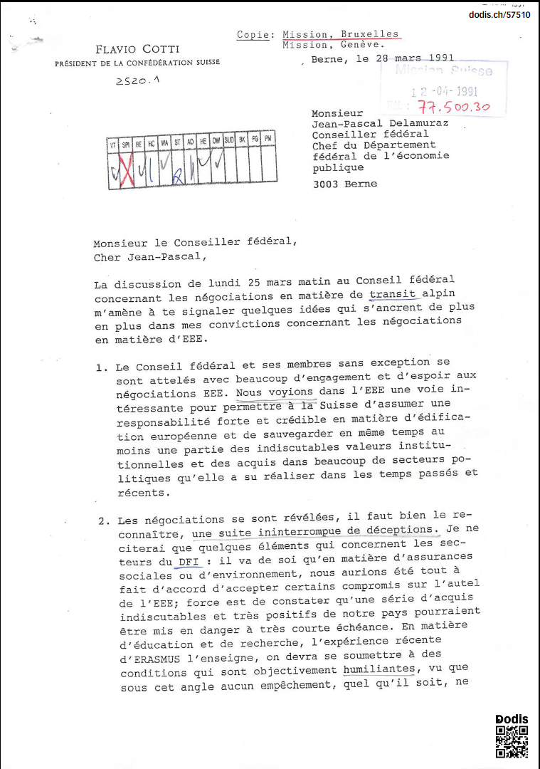 Dans une lettre destinée à Jean-Pascal Delamuraz, Flavio Cotti fait par de son scepticisme quant à l'avancée des négociations avec l'Union européenne (capture d'écran). [Dodis]