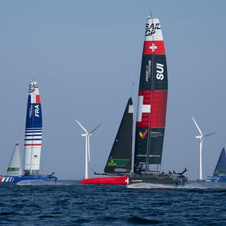 Le circuit international de régate Sail GP à Copenhague le 18 août 2022, avec des éoliennes en fond. [SailGP - Bob Martin]