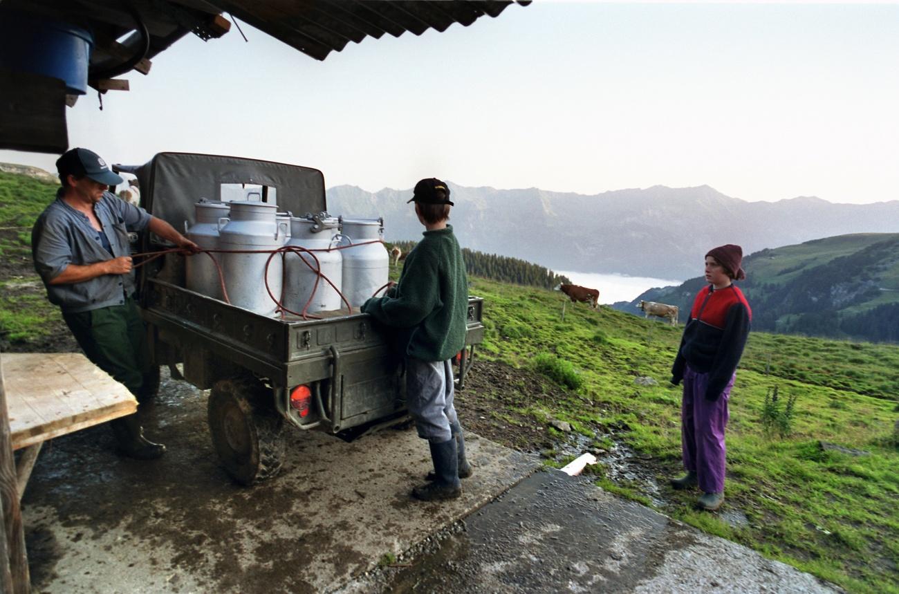 Un armailli et ses enfants au moment de charger les boilles de lait pour les amener à la fromagerie, dans les hauts de Brienz (BE). [Keystone - Gaetan Bally]