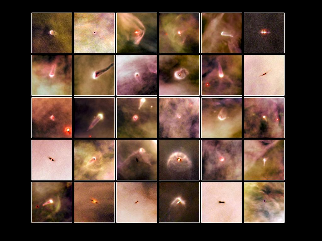 Un atlas de disques protoplanétaires se trouvant dans la Nébuleuse d'Orion. Images prises par Hubble, publiées le 14 décembre 2009. [NASA/ESA - L. Ricci (ESO)]