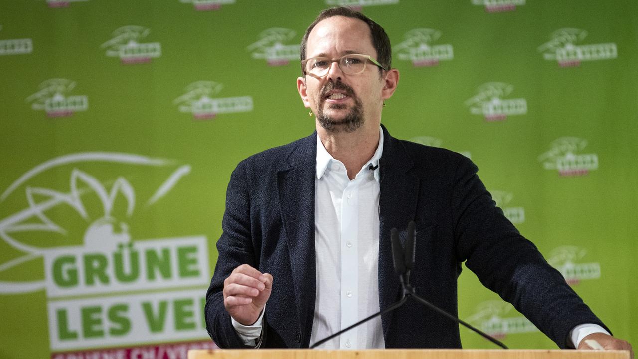 Le président des Verts Balthasar Glättli lors de l'assemblée des délégués 2022 du parti. [Keystone - Alexandra Wey]
