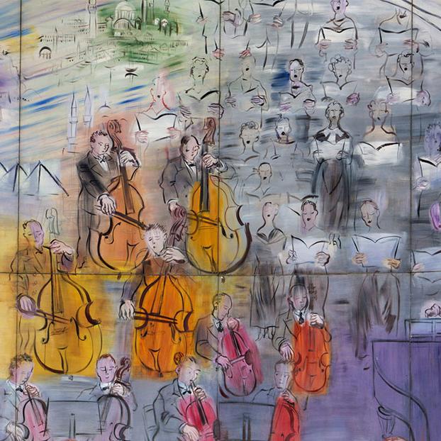 Détail du tableau monumental de Raoul Dufy réalisé pour l'Exposition universelle de Paris, en 1937. L'orchestre représenté symbolise l'avancée technologique apportée par l'électricité. Grâce à elle, la musique parvient jusqu'aux auditeurs de la radio. Dans les années 1930, ces possibilités étaient encore radicalement nouvelles. [Musée d’Art Moderne de Paris - ADAGP]