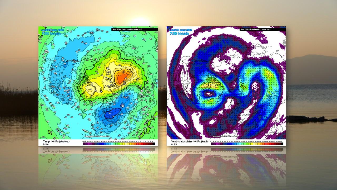 Températures (à gauche) et circulation des courants (à droite) à 10 hPa (30 km) le 21 mars 2022 [NOAA/Meteociel - Valérie Surdez]