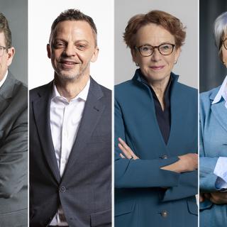 Les quatre candidats au Conseil fédéral: Albert Rösti (UDC/BE), Hans-Ueli Vogt (UDC/ZH), Eva Herzog (PS/BS) et Elisabeth Baume-Schneider (PS/JU). [Keystone - Pter Schneider/Gaëtan Bally/Georgios Kefalas/Jean-Christophe Bott]