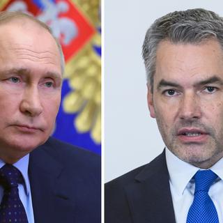 Rencontre à Moscou entre le chancelier autrichien Karl Nehammer et Vladimir Poutine. [EPA, Sputnik/Keystone - Klimentyev et Bruna]