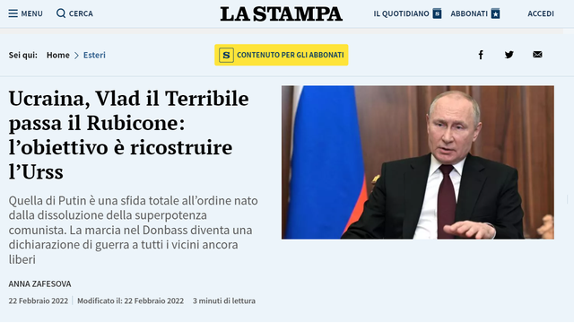 "Vlad le Terrible passe le Rubicon", titre le quotidien italien La Stampa sur son site internet (capture d'écran). [RTS]