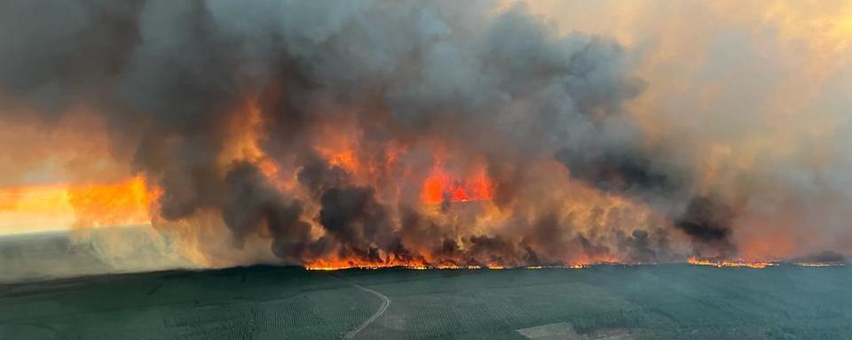 Mercredi 10 août: un mois après le début d'un gigantesque incendie dans le sud-ouest de la France, le feu a repris avec vigueur en Gironde et avait déjà dévoré mercredi 6000 hectares de forêt, provoquant l'évacuation de 8000 personnes. [Keystone - SDIS 33 Service Audiovisuel via AP]