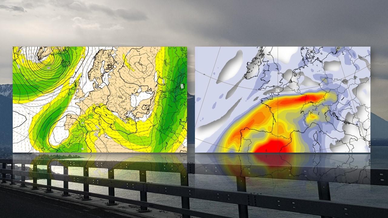 Position du jet stream (à gauche) et déplacements de particules (à droite) prévus par le modèle européen pour le 15 mars 2022 [ECMWF/Copernicus/RTS - Madeleine Bovigny]
