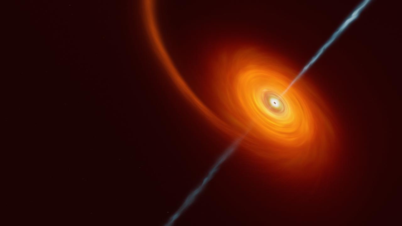 Vue d'artiste illustrant ce qui se passe lorsqu'une étoile s'approche trop près d'un trou noir, où l'étoile est comprimée par l'intense attraction gravitationnelle du trou noir. Une partie de la matière de l'étoile est aspirée et tourbillonne autour du trou noir, formant le disque que l'on peut voir sur cette image. Dans de rares cas, comme celui-ci, des jets de matière et de rayonnements sont projetés depuis les pôles du trou noir. [ESO - M.Kornmesser]