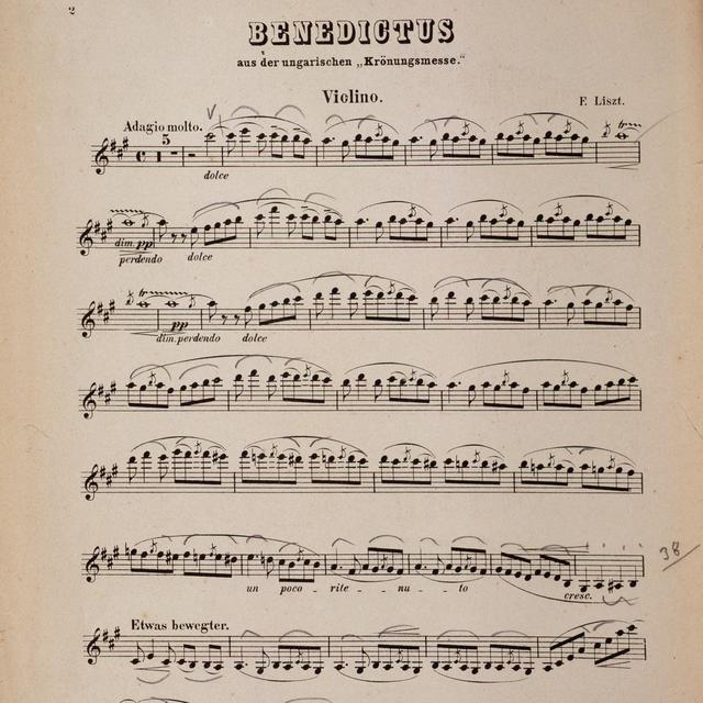 Page de la partition du violon in "Messe de couronnement hongroise" (Hungarian Coronation Mass) de Franz Liszt (1811-1886) 19eme siecle Milan, biblioteca del conservatorio. [Leemage / AFP - Luisa Ricciarini]