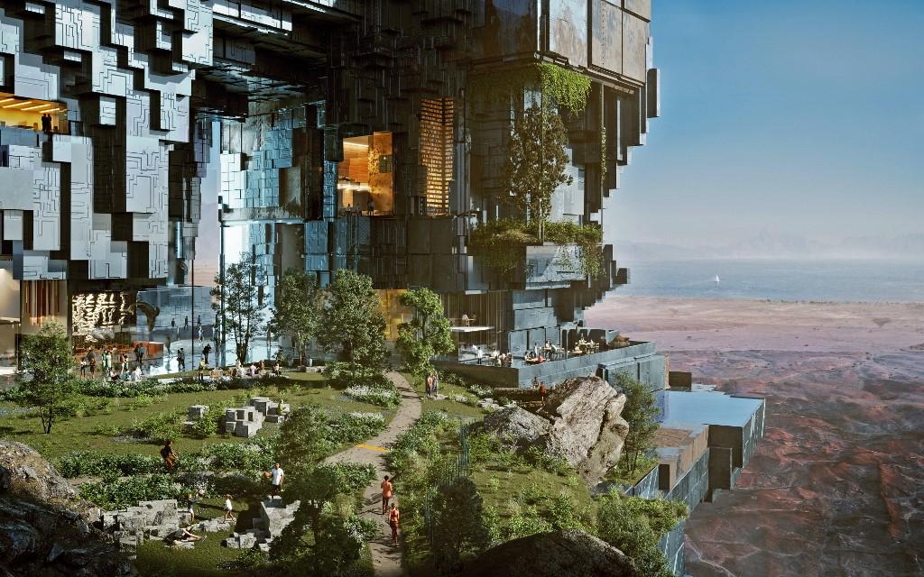 Image de synthèse de l'habitat imaginé pour le projet NEOM. [NEOM/AFP]
