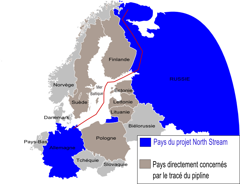 Le tracé des deux gazoducs parallèles North Stream et North Stream 2, en rouge. [CC BY-SA 3.0 - Boban Markovic]