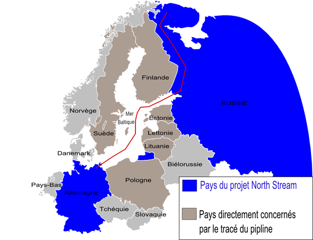 Le tracé des deux gazoducs parallèles North Stream et North Stream 2, en rouge. [CC BY-SA 3.0 - Boban Markovic]